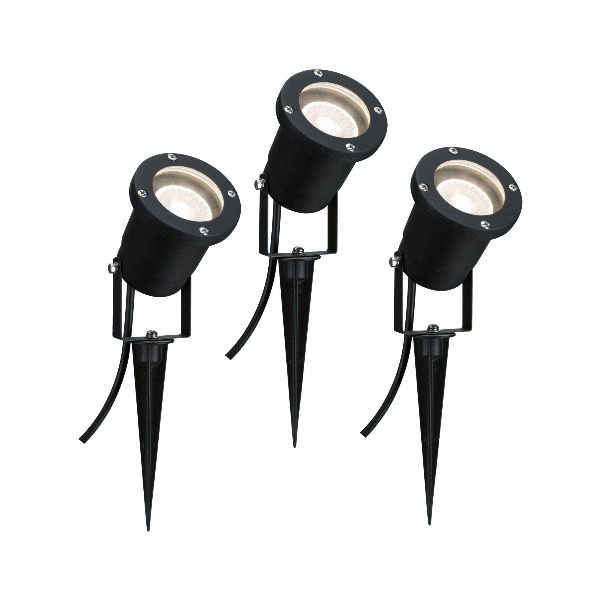 Three black LED garden spotlights with plastic ground spikes for outdoor lighting.