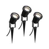 Three black LED garden spotlights with plastic ground spikes for outdoor lighting.