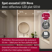 Spot encastré LED Nova avec réflecteur plat GU10, intensité lumineuse dimmable en 3 niveaux, profondeur 55 mm