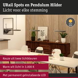 Moderne grijze pendelverlichting met warm wit LED-licht boven eettafel in houten interieur