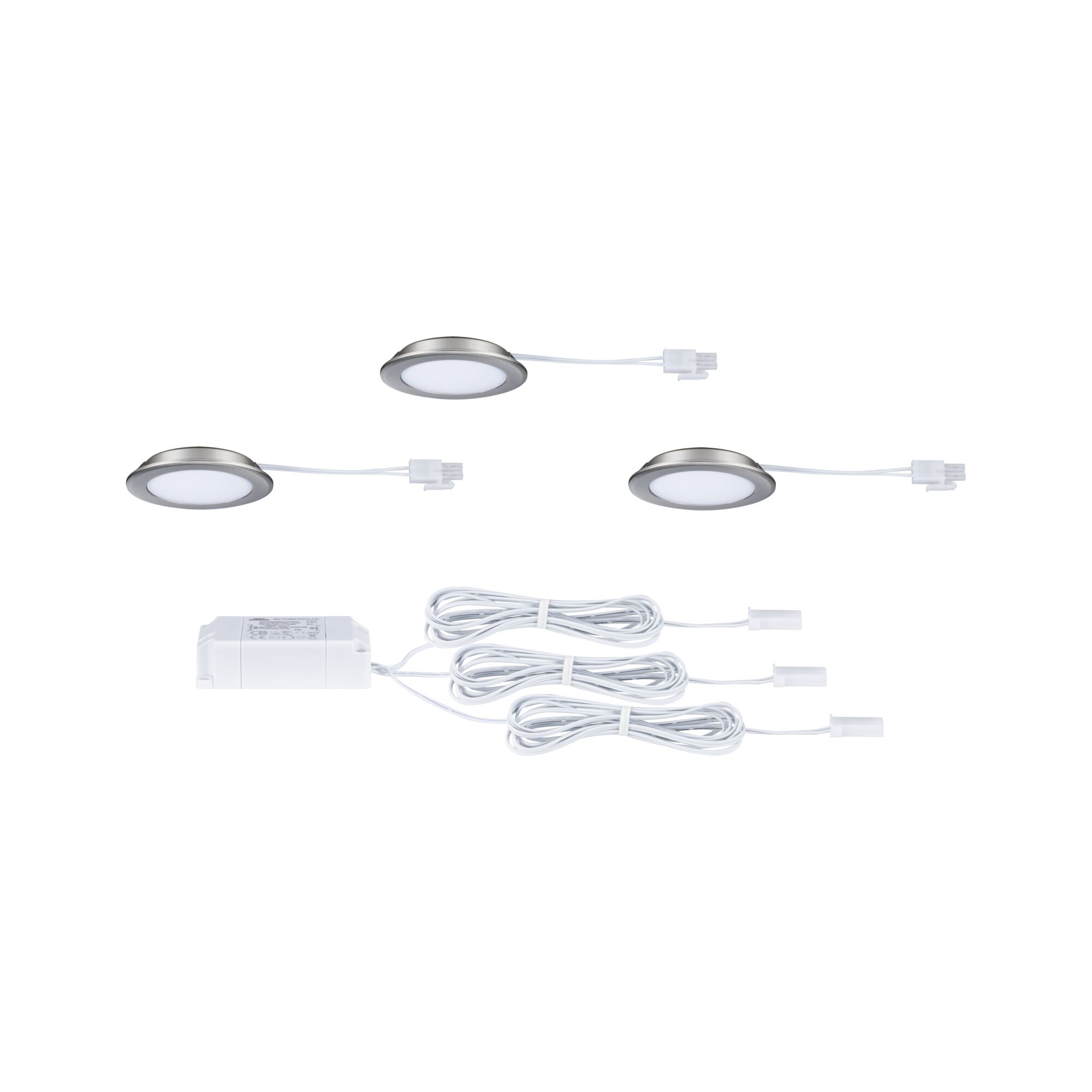 Three round LED recessed lights with silver frame and white cables including power supply for home lighting