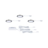Three round LED recessed lights with silver frame and white cables including power supply for home lighting