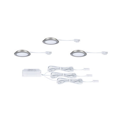 Three round LED recessed lights with silver frame and white cables including power supply for home lighting