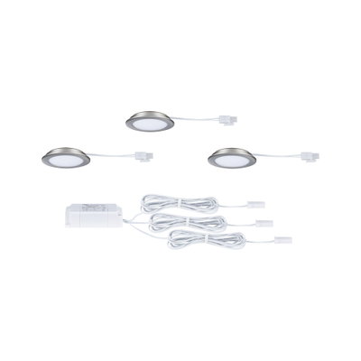 Three round LED recessed lights with silver frame and white cables including power supply for home lighting