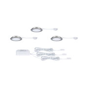Three round LED recessed lights with silver frame and white cables including power supply for home lighting