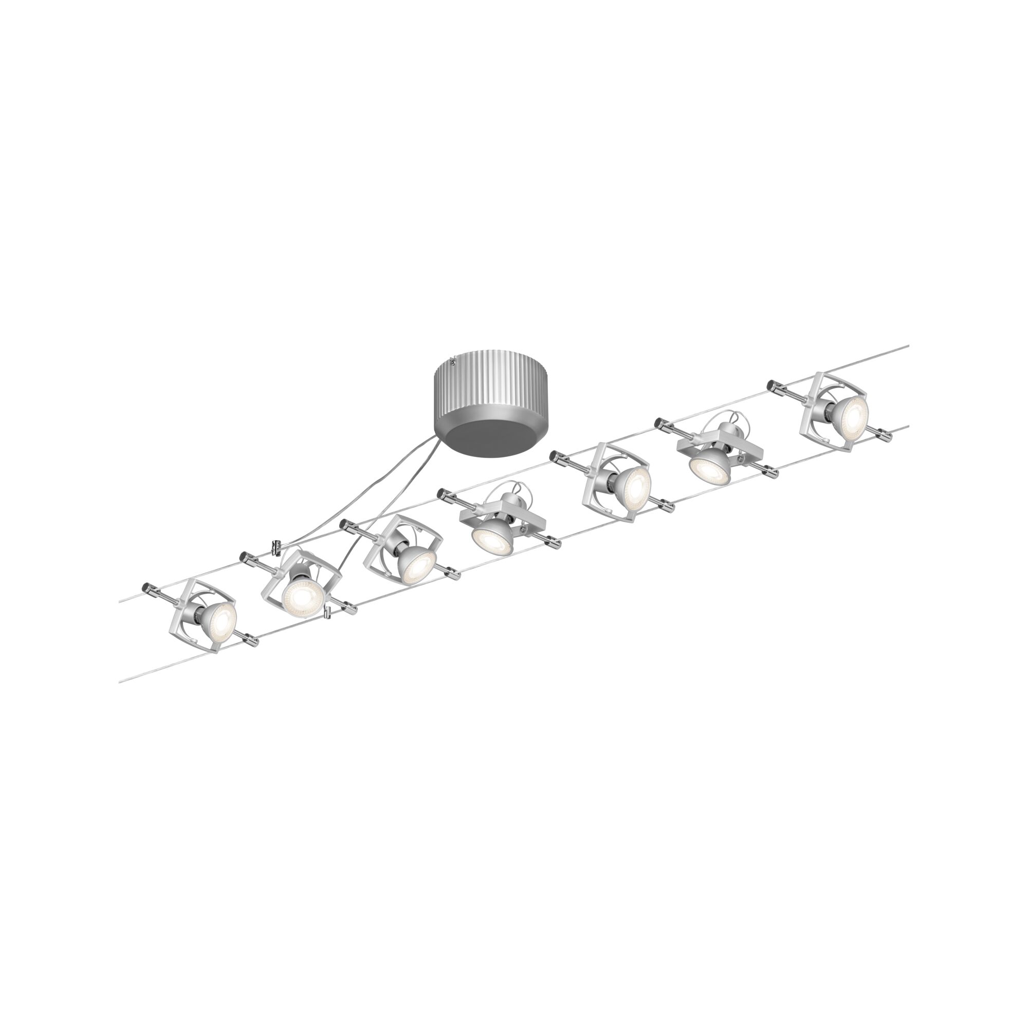 Srebrna metalowa lampa LED na linkę z sześcioma regulowanymi reflektorami do nowoczesnego oświetlenia
