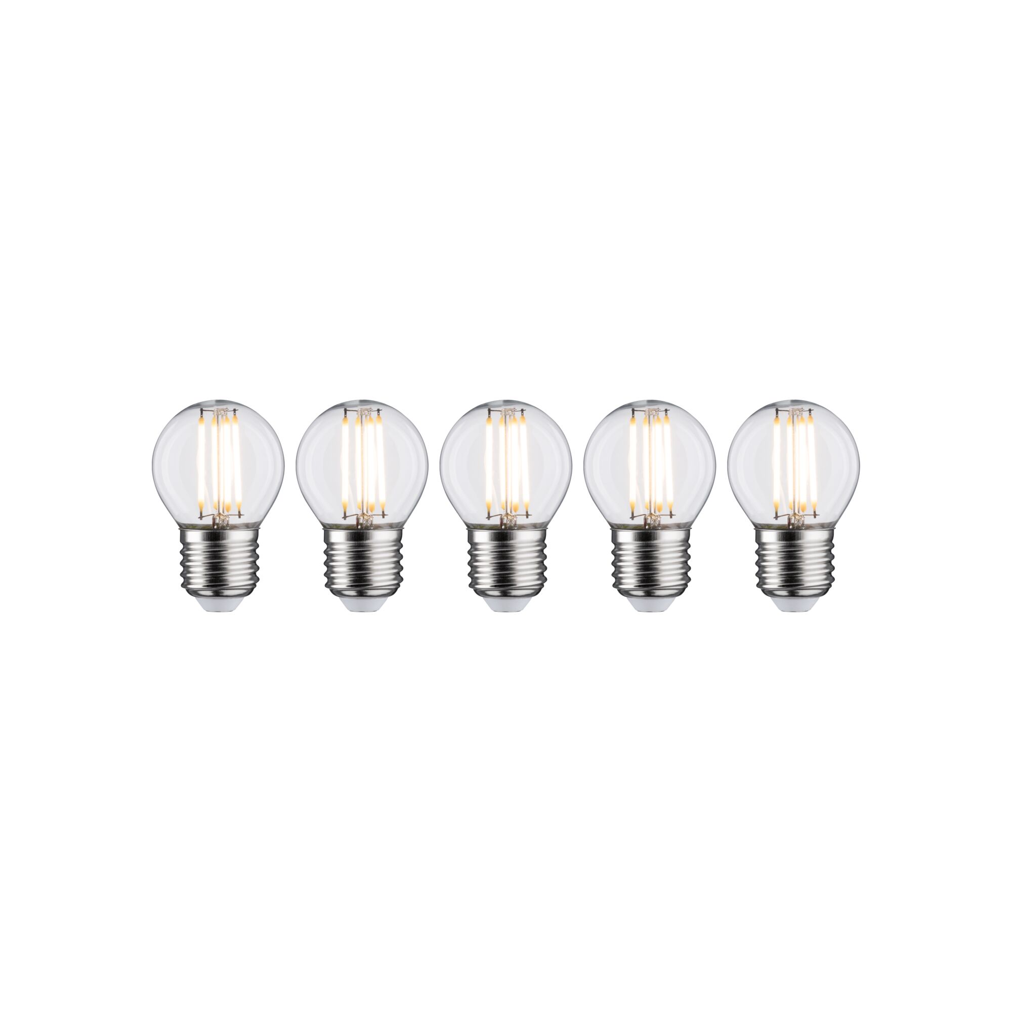 Fünf LED-Glühbirnen mit klarem Glas und E27-Fassung, energiesparende Leuchtmittel für Wohnraumbeleuchtung.
