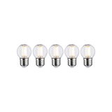 Fünf LED-Glühbirnen mit klarem Glas und E27-Fassung, energiesparende Leuchtmittel für Wohnraumbeleuchtung.