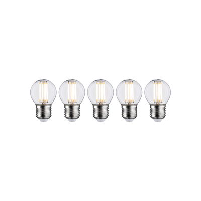 Fünf LED-Glühbirnen mit klarem Glas und E27-Fassung, energiesparende Leuchtmittel für Wohnraumbeleuchtung.