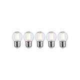 Fünf LED-Glühbirnen mit klarem Glas und E27-Fassung, energiesparende Leuchtmittel für Wohnraumbeleuchtung.