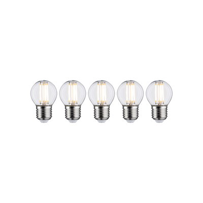 Fünf LED-Glühbirnen mit klarem Glas und E27-Fassung, energiesparende Leuchtmittel für Wohnraumbeleuchtung.