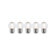Fünf LED-Glühbirnen mit klarem Glas und E27-Fassung, energiesparende Leuchtmittel für Wohnraumbeleuchtung.