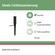 Schwarze LED-Gartenleuchte mit weißem Leuchtkopf und Erdspieß für Außenbeleuchtung.