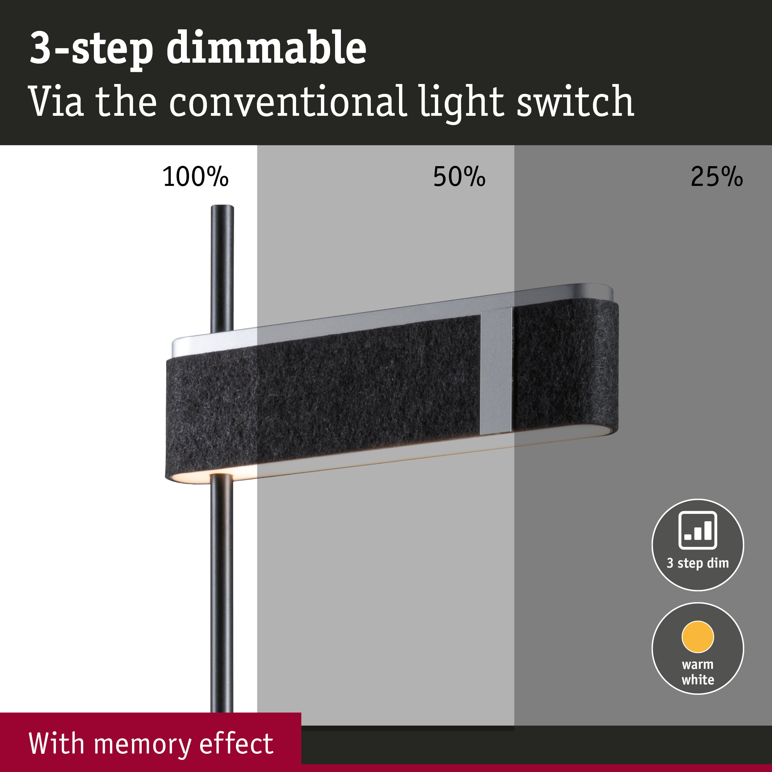 Black floor lamp with felt shade and 3-step dimmable warm white light for living rooms