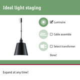 Black metal pendant luminaire with cable for ideal light staging in living spaces