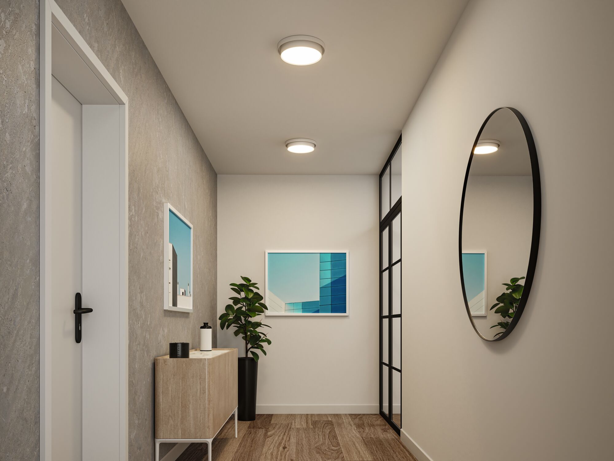 Couloir moderne avec deux plafonniers ronds blancs, meuble en bois et miroir rond