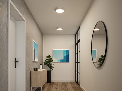 Couloir moderne avec deux plafonniers ronds blancs, meuble en bois et miroir rond