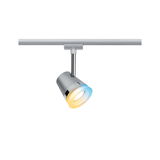 Moderner silberner LED-Strahler aus Metall mit warmweißem und kaltweißem Licht für Schienensysteme