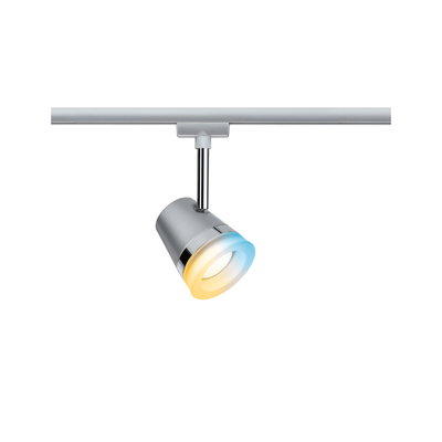 Spot LED moderne en métal argenté avec lumière blanc chaud et froid pour systèmes sur rail