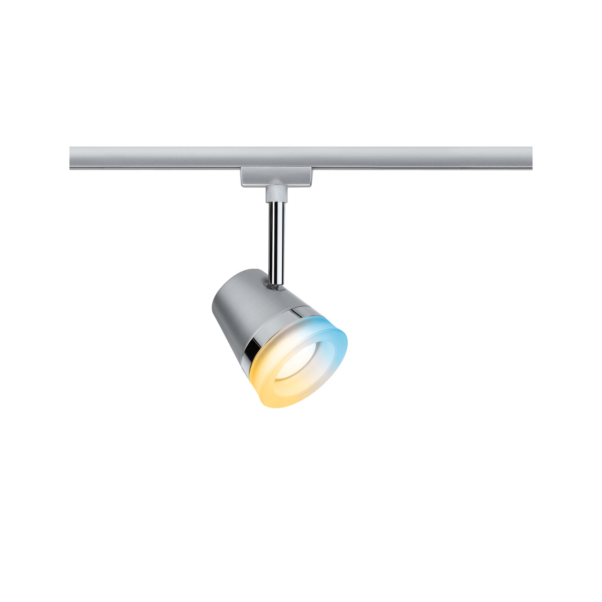 Moderner silberner LED-Strahler aus Metall mit warmweißem Licht für Schienensysteme