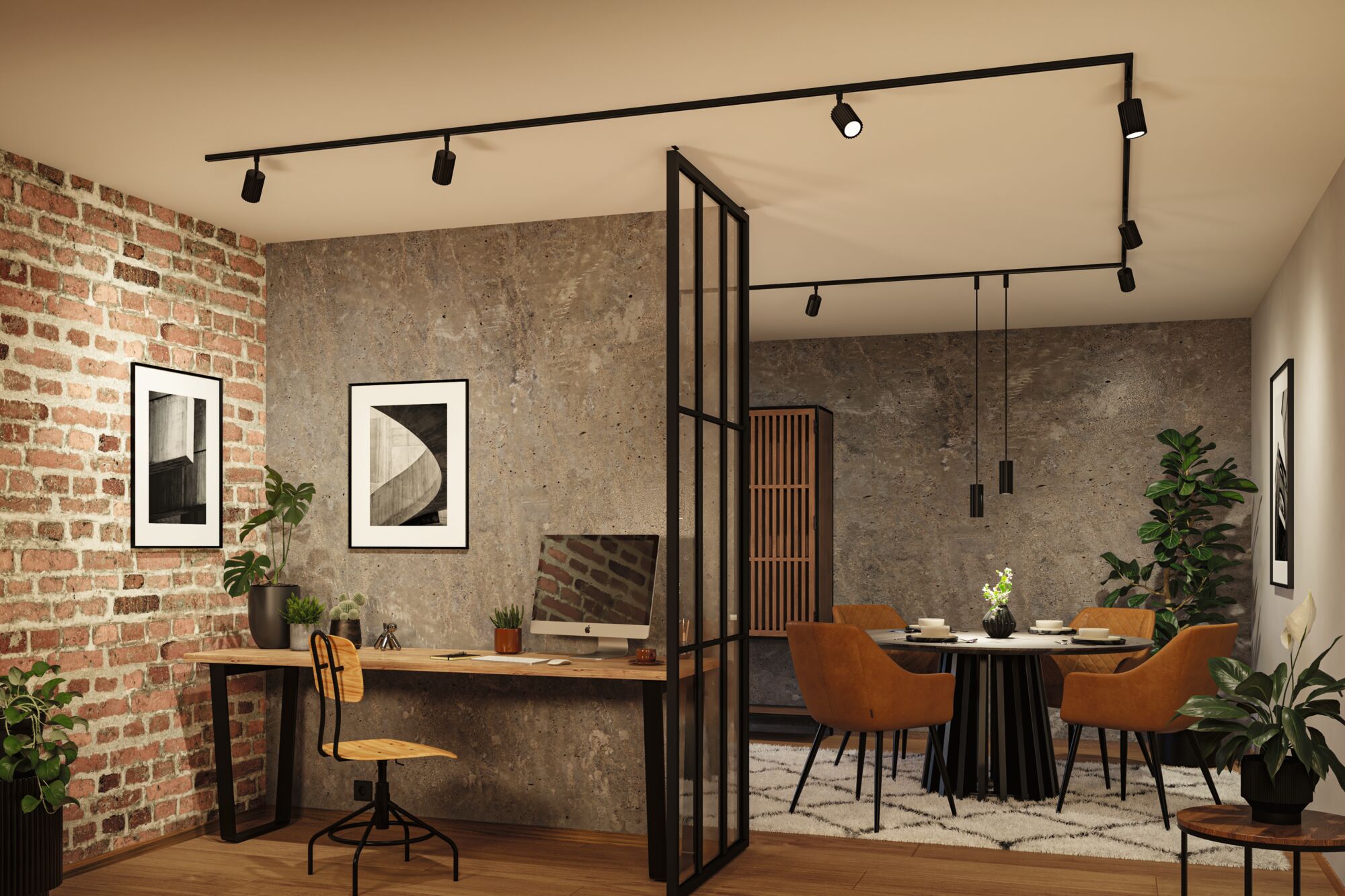 Salon moderne avec éclairage LED sur rail noir, chaises marron, bureau en bois et plantes vertes