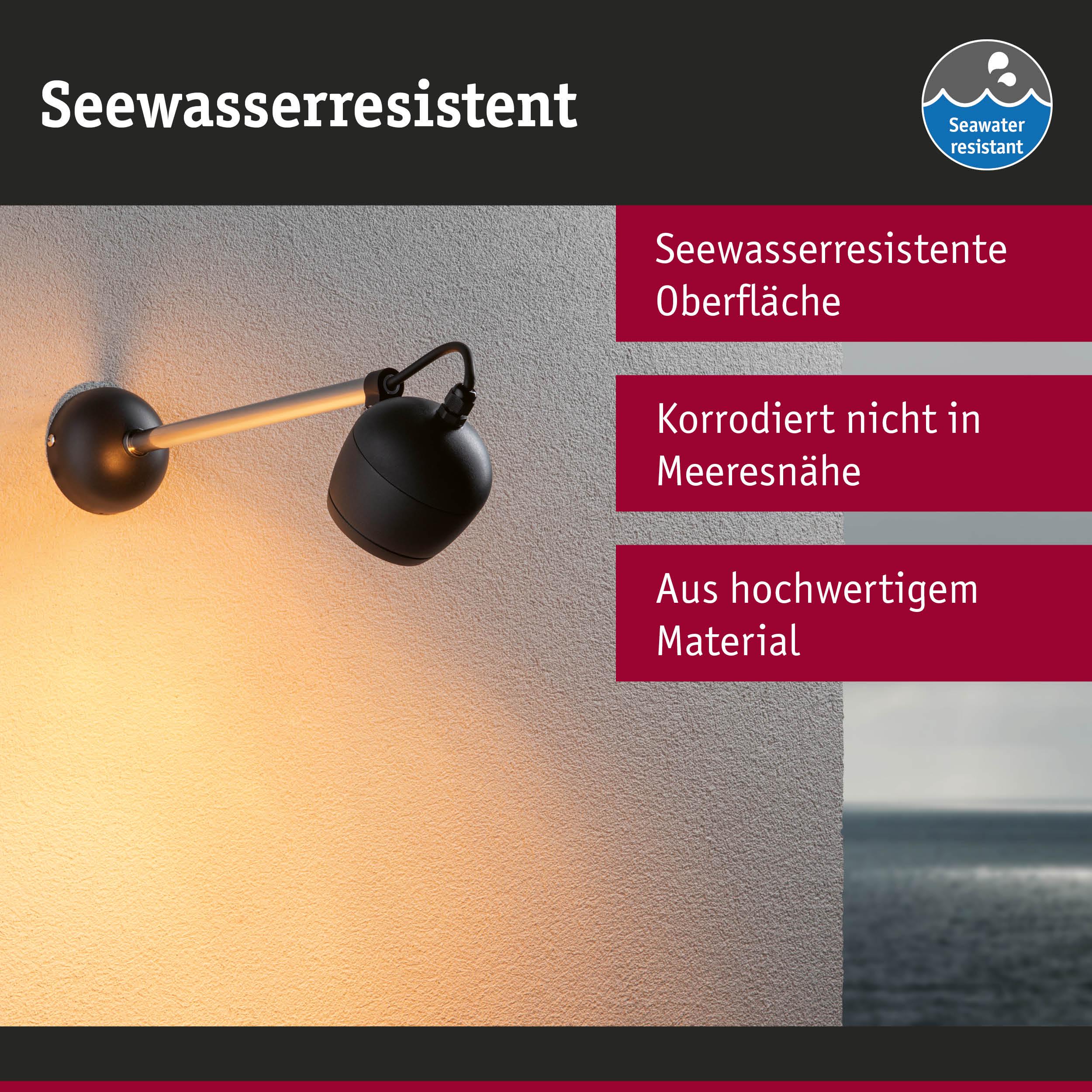 Schwarze Wandlampe mit seewasserresistenter Oberfläche, korrosionsfrei und hochwertigem Material