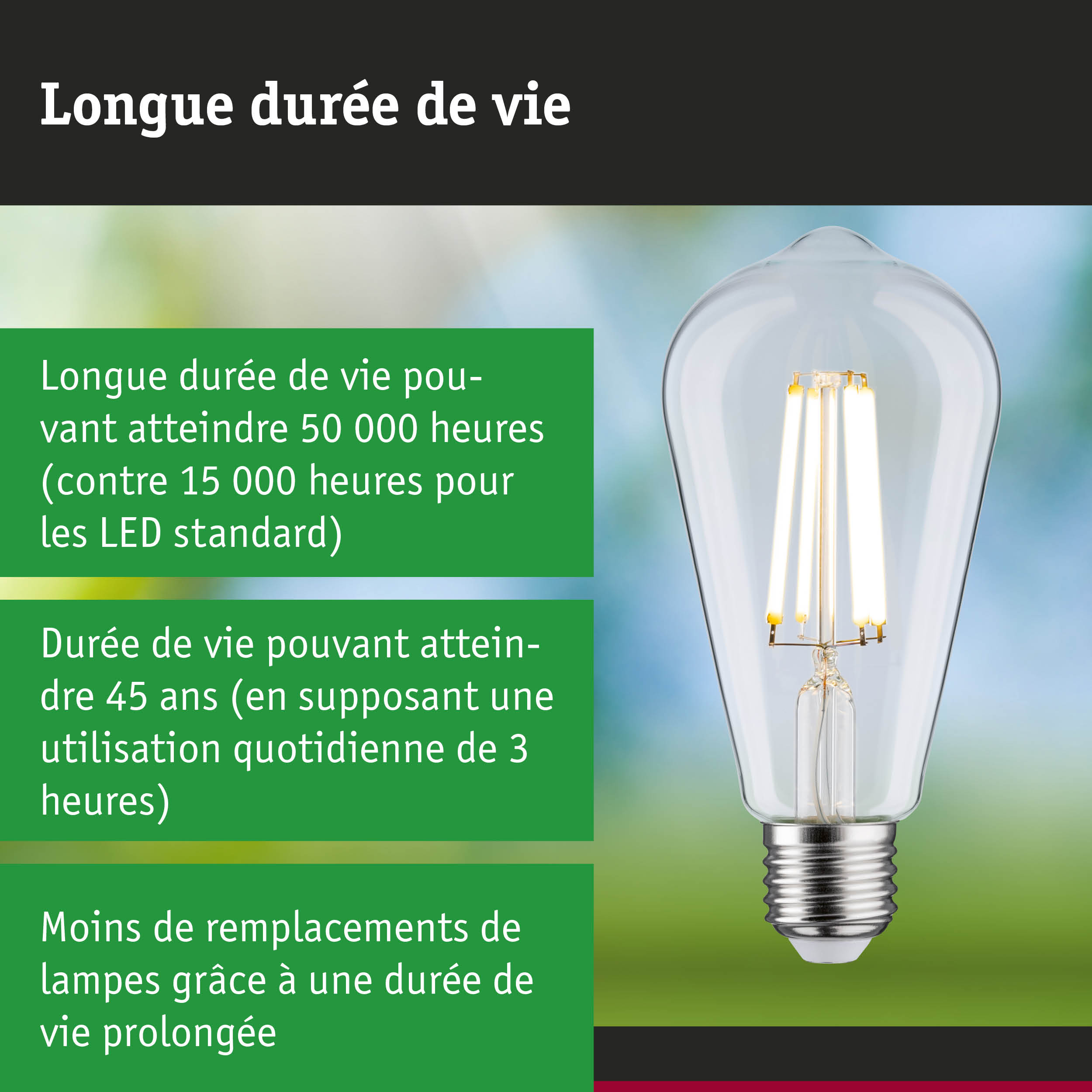 Ampoule LED à longue durée de vie, éclairage économique jusqu’à 50 000 heures d’utilisation