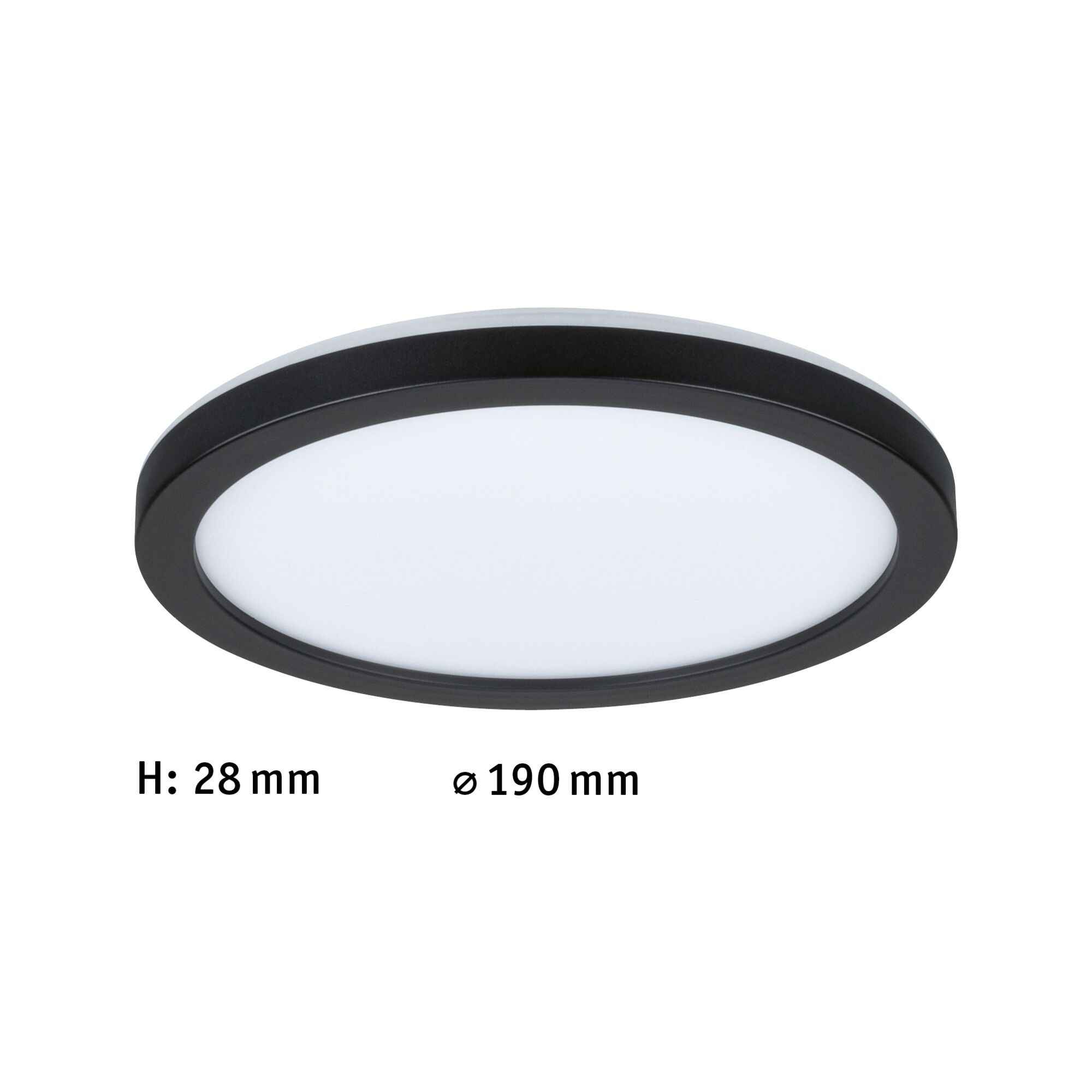 Flache runde LED-Deckenleuchte mit schwarzem Rahmen und weißem Diffusor, 190 mm Durchmesser