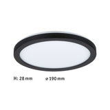 Flad rund LED-loftlampe med sort ramme og hvid diffuser, diameter 190 mm