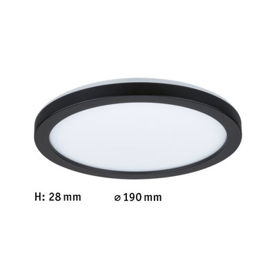 Flad rund LED-loftlampe med sort ramme og hvid diffuser, diameter 190 mm