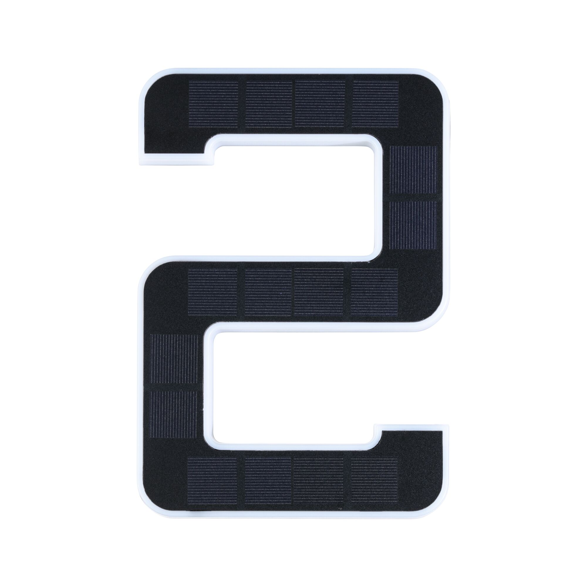 Black solar panel shaped as number 2 with white frame for sustainable energy use