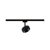 Black round metal LED spotlight on track system for flexible room lighting solutions