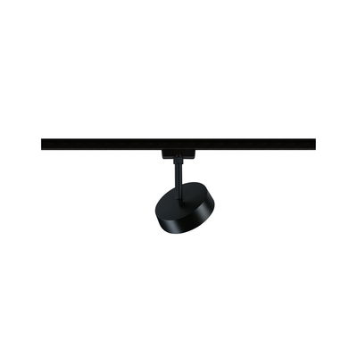 Black round metal LED spotlight on track system for flexible room lighting solutions
