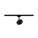 Black round metal LED spotlight on track system for flexible room lighting solutions