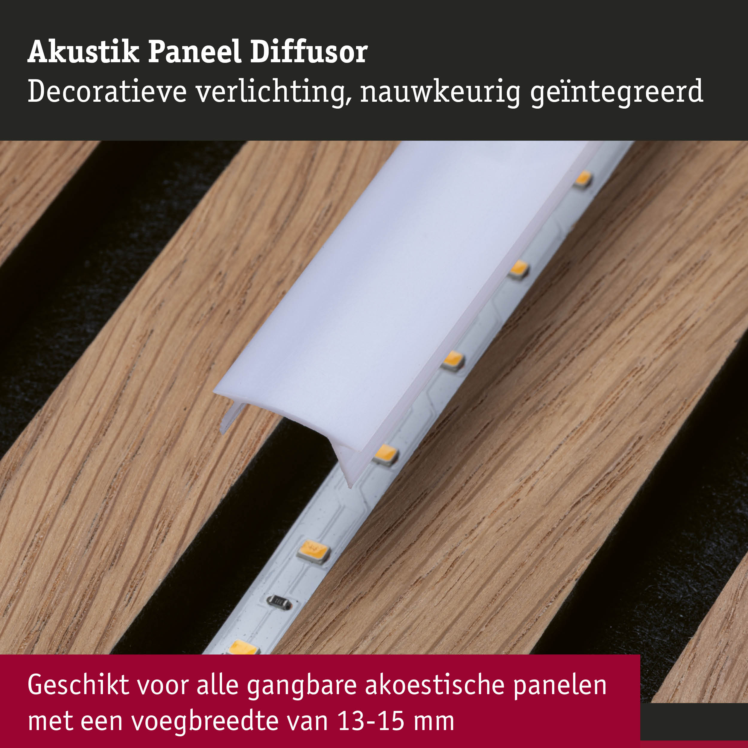 Witte akoestische paneel diffusor met geïntegreerde LED-verlichting op houten oppervlak voor geluidsregeling