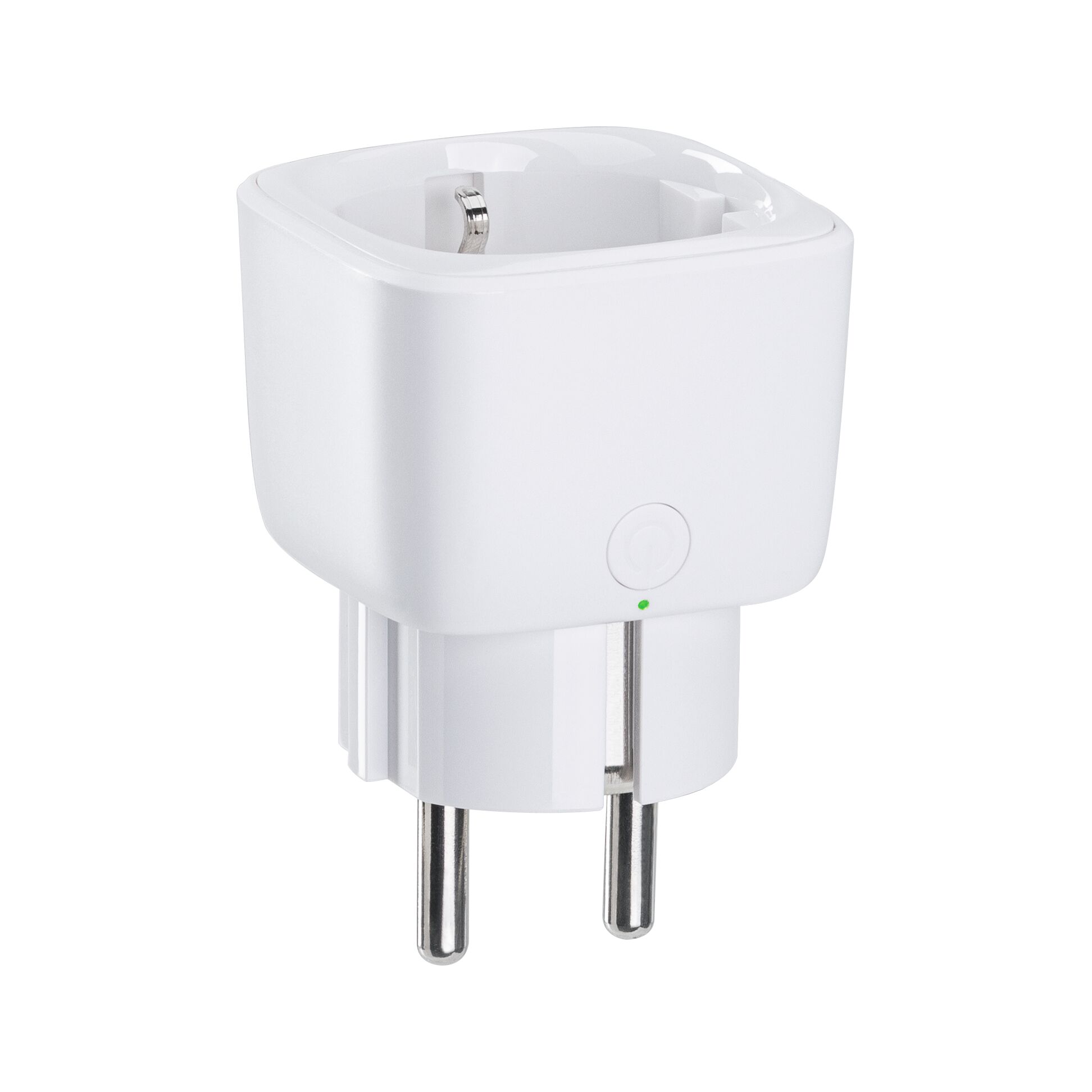 Witte kunststof stekkeradapter met twee metalen pinnen voor elektrische apparaten.