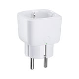 Witte kunststof stekkeradapter met twee metalen pinnen voor elektrische apparaten.