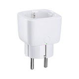 Witte kunststof stekkeradapter met twee metalen pinnen voor elektrische apparaten.