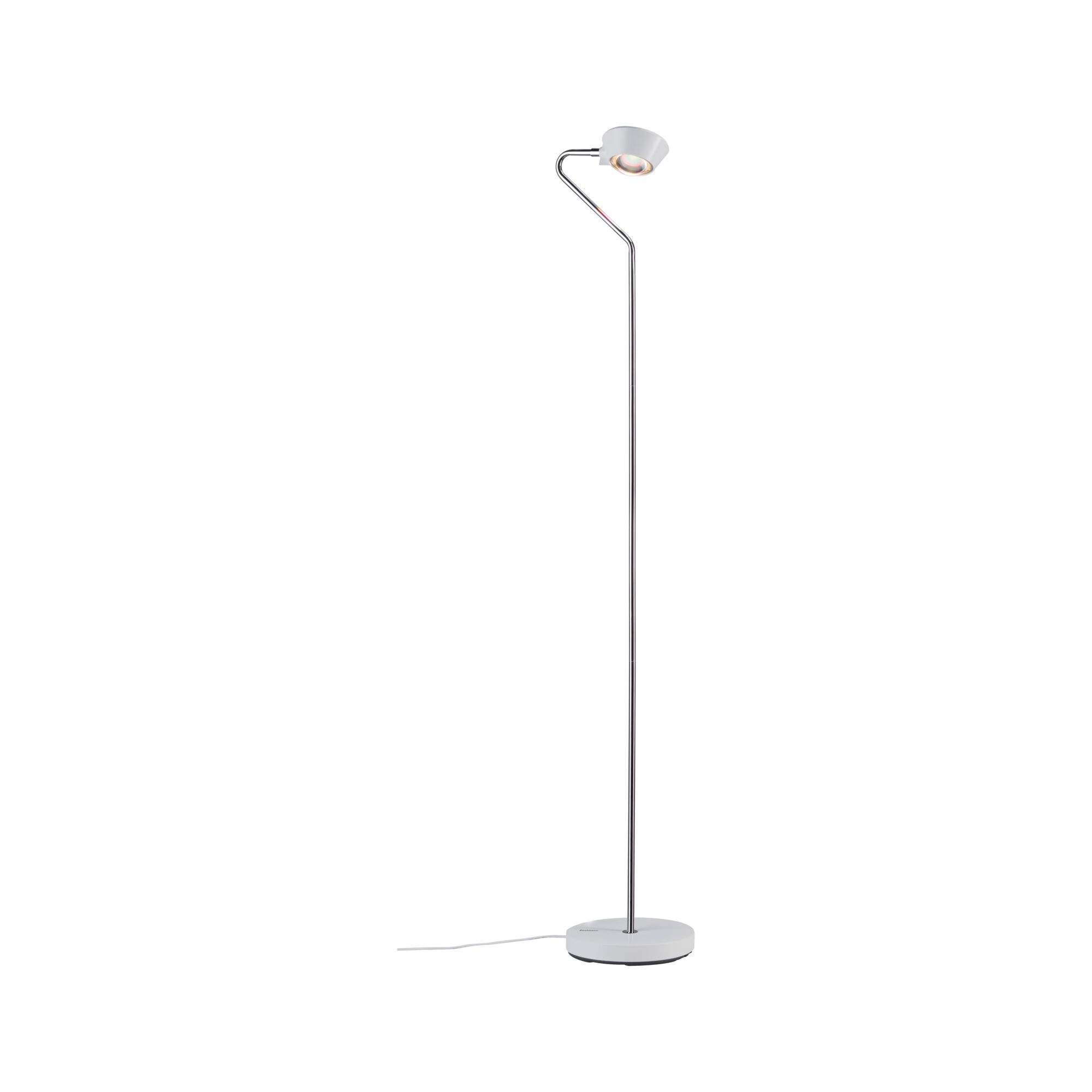 Modern floor lamp with white base and chrome stem, LED light for living spaces