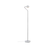 Lampadaire moderne avec base blanche et tige chromée, lumière LED pour salon