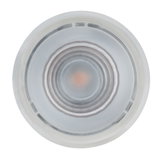 Round LED light bulb with clear glass and visible filament for energy-efficient lighting solutions