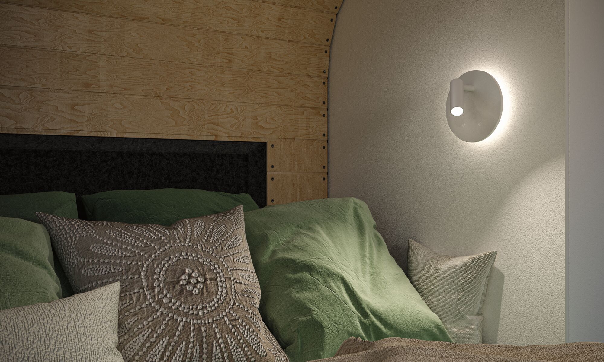 Modern white LED wall light with reading lamp beside green bedding in bedroom setting.