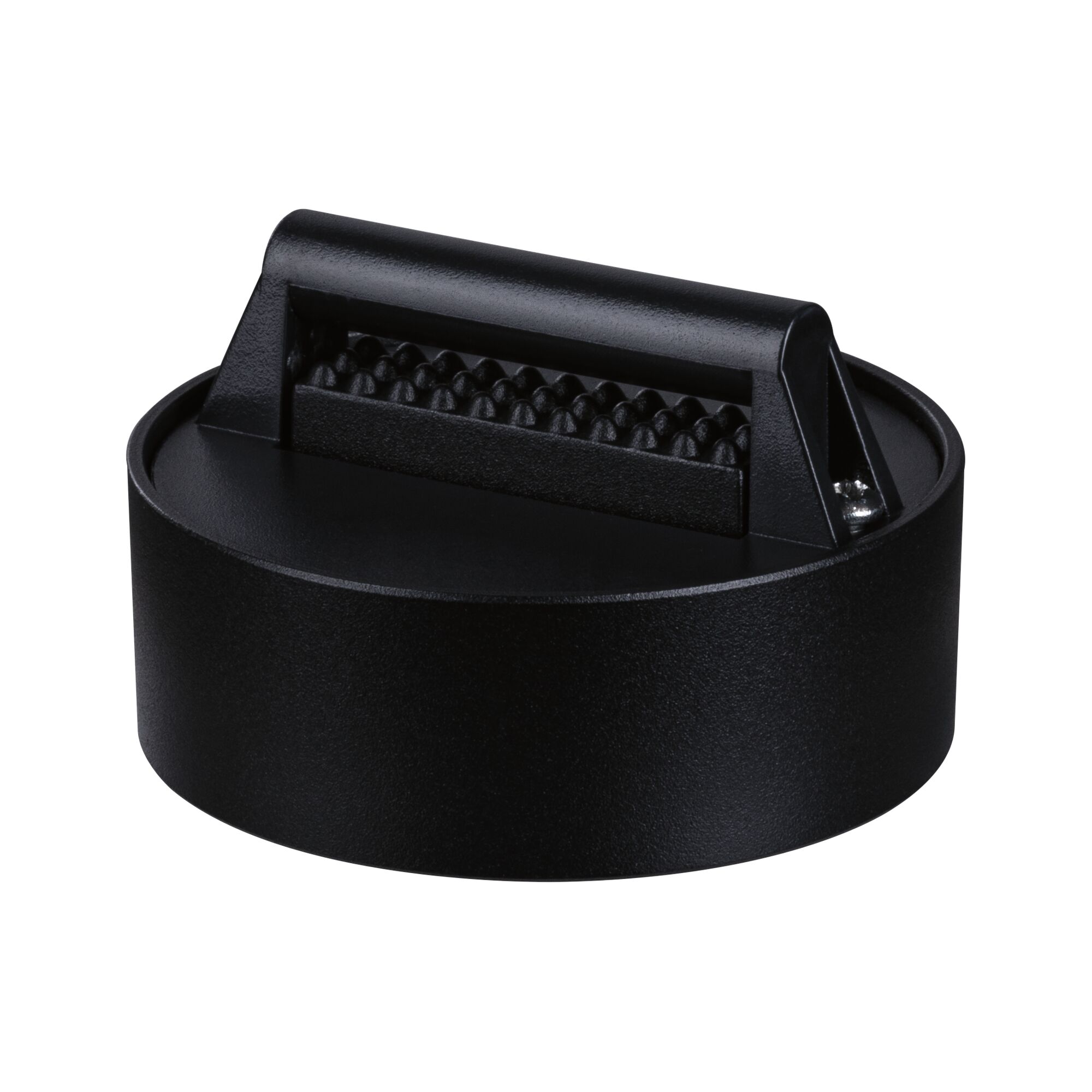 Black round plastic handle with textured grip for secure hold and easy use