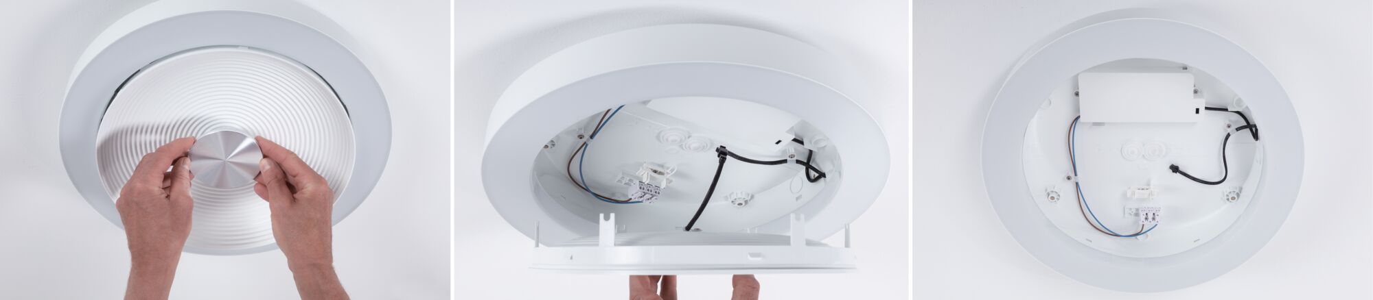 Installation of a white round LED ceiling light with aluminum center, showing wiring and mounting process