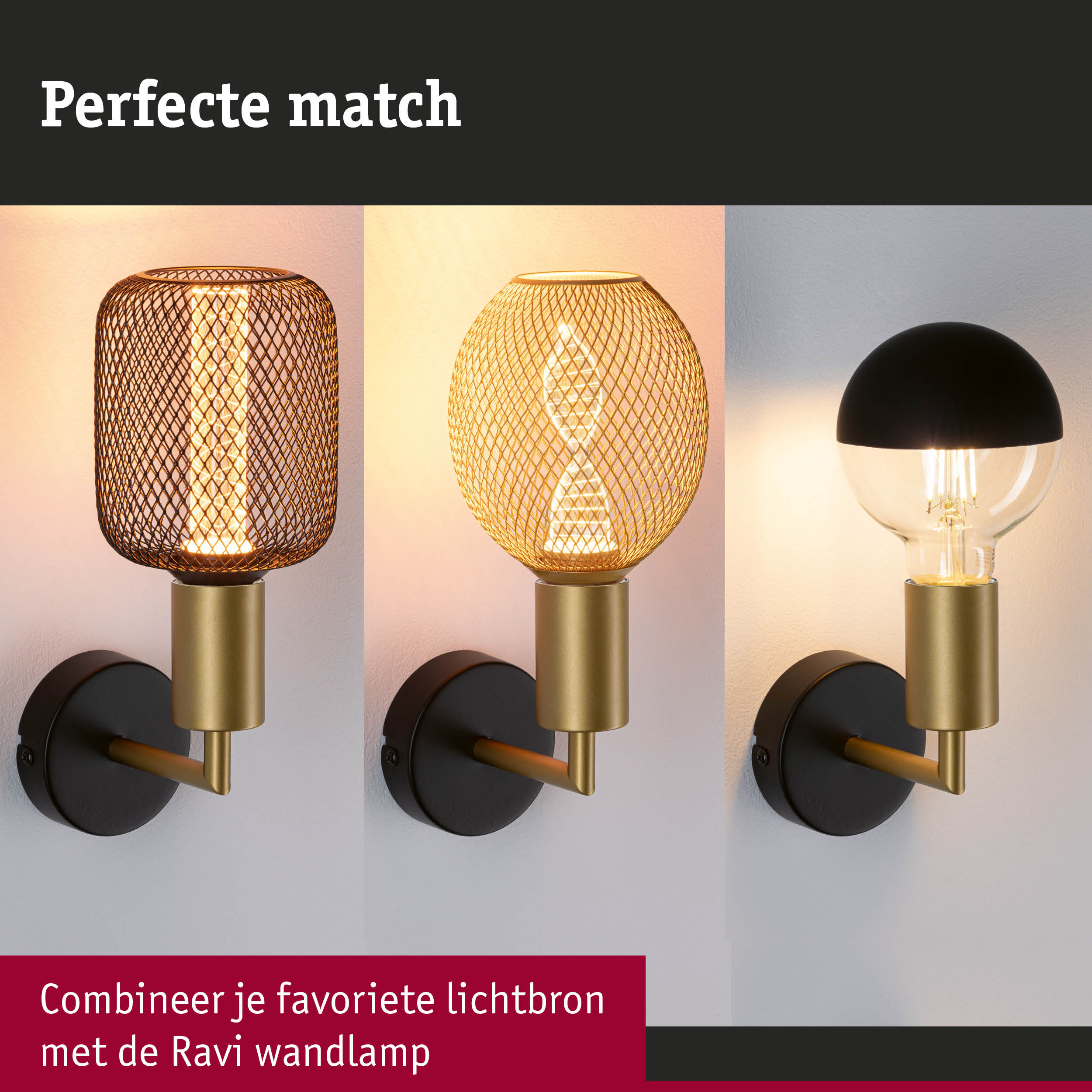 Drie moderne wandlampen met gouden metalen arm en verschillende lampenkappen voor sfeerverlichting