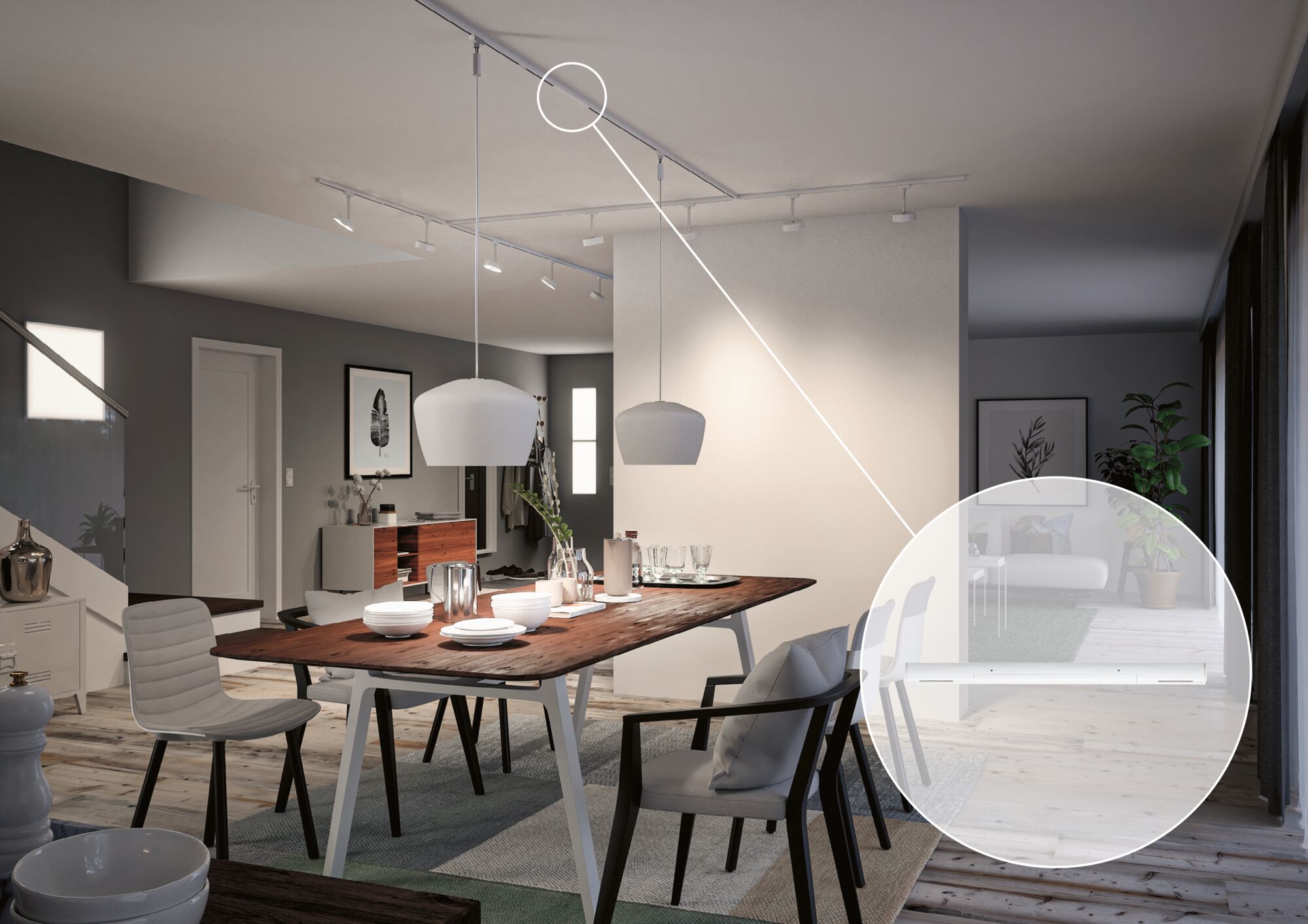 Modern dining area with wooden table and white pendant lights on white track ceiling lighting system