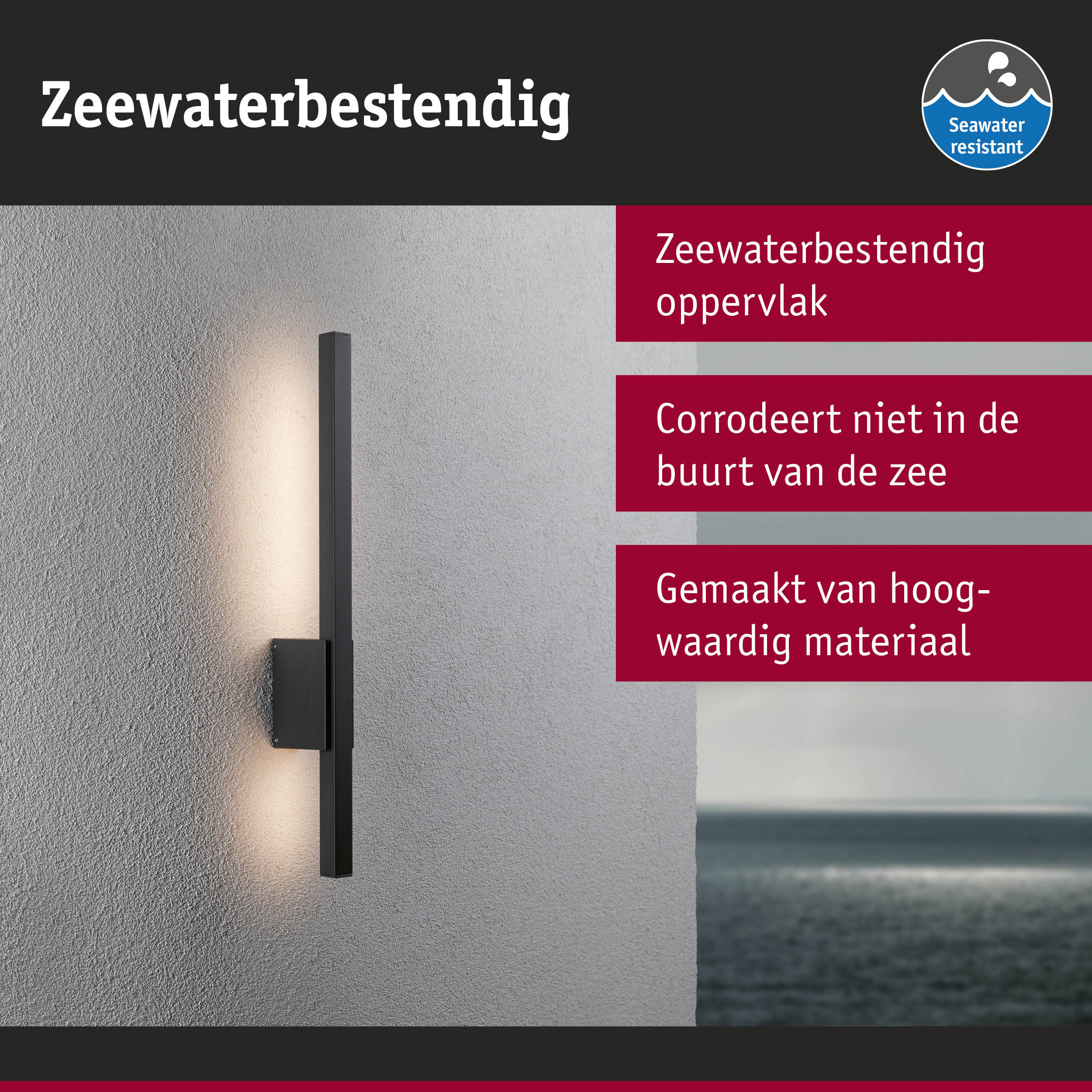 Zwarte wandlamp met zeewaterbestendige oppervlakte, corrosiebestendig voor buitengebruik aan zee