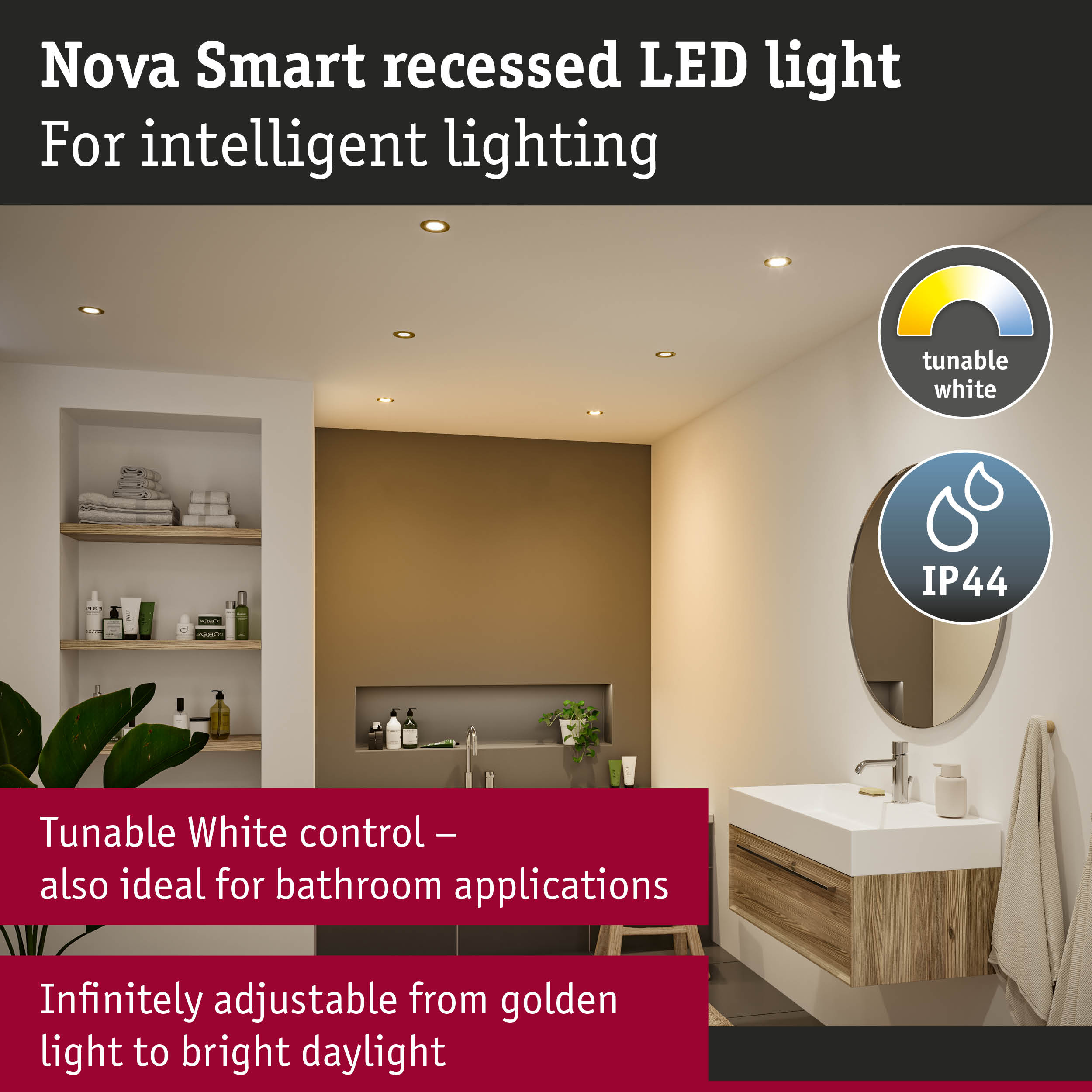 Nova Smart recessed LED light with tunable white for bathroom featuring wood vanity unit