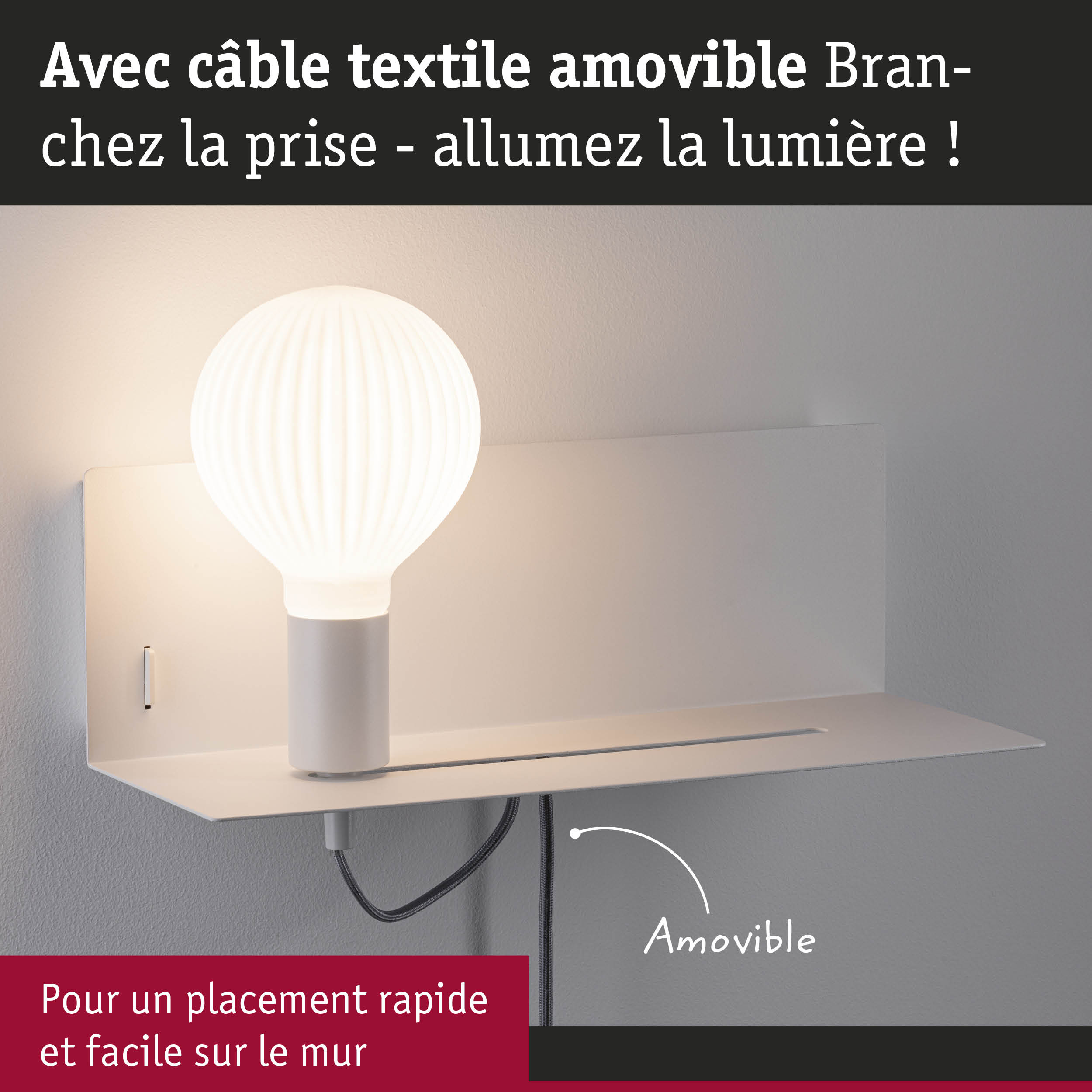 Applique murale blanche avec câble textile amovible et lumière LED chaude pour une installation facile