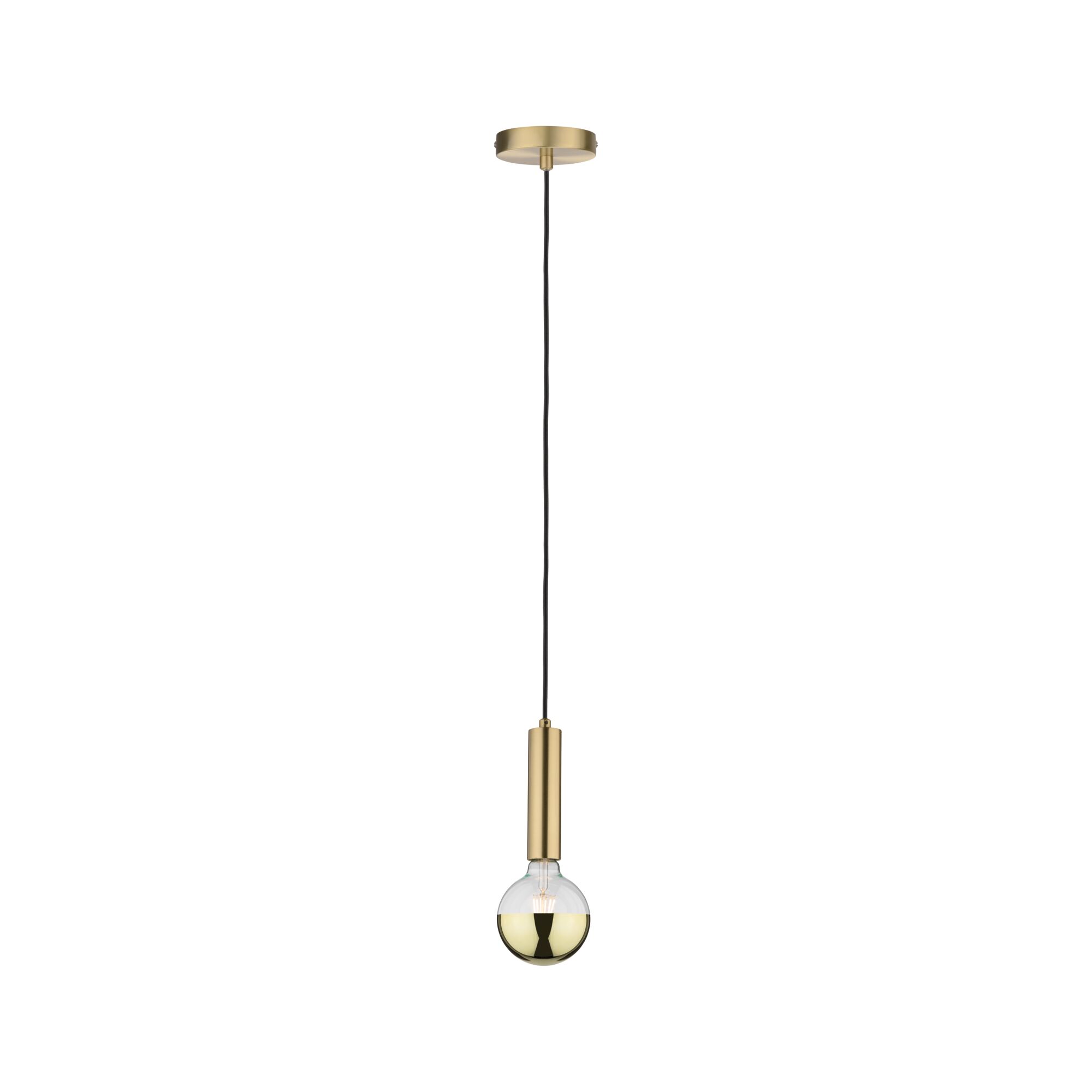 Moderne Pendelleuchte aus goldfarbenem Metall mit schwarzem Kabel und halbdurchsichtiger Glühbirne